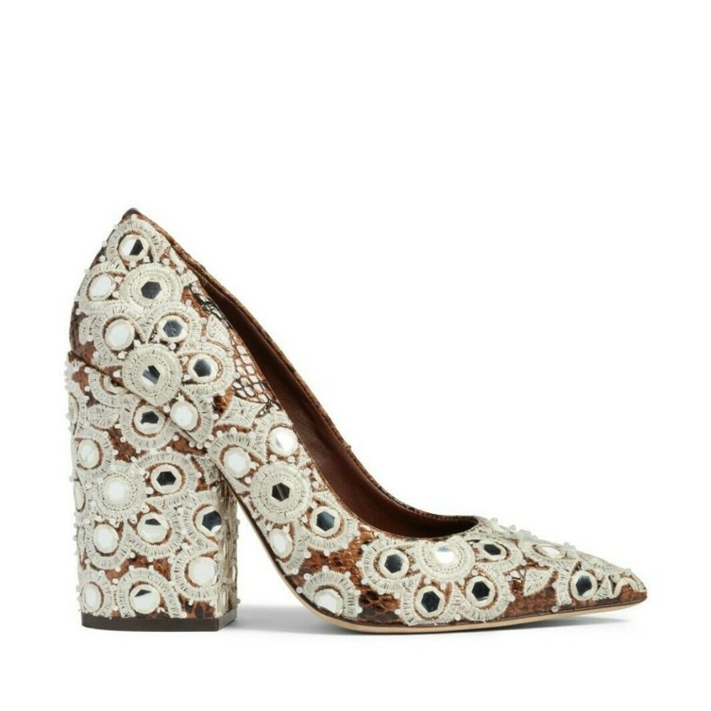 $400 TORY BURCH FRANCESCA SUEDE EMBROIDERED POINTY PUMP COFFEE 6 (MG18.5)